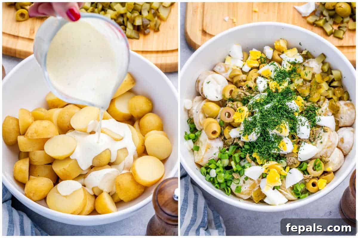 adding dressing to the cooked potatoes and assembling the potato salad.
