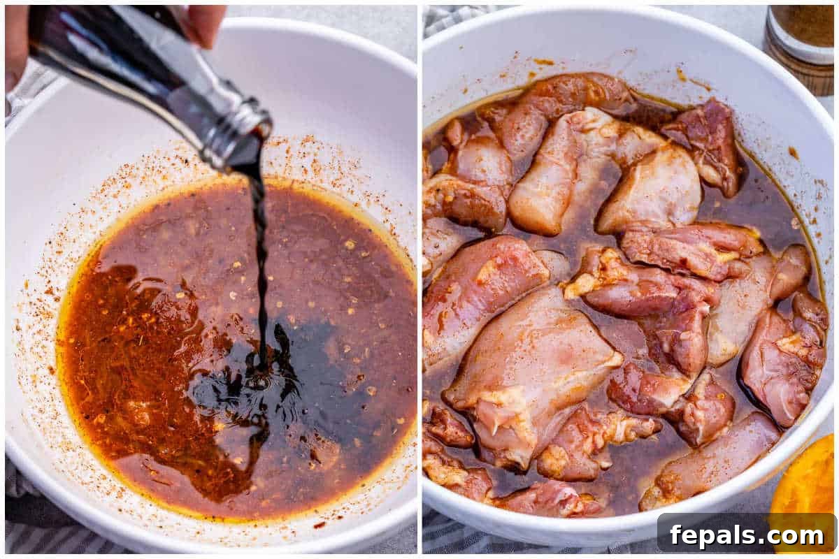 process shot to make the marinade for the chicken thighs and then marinating in a bowl.