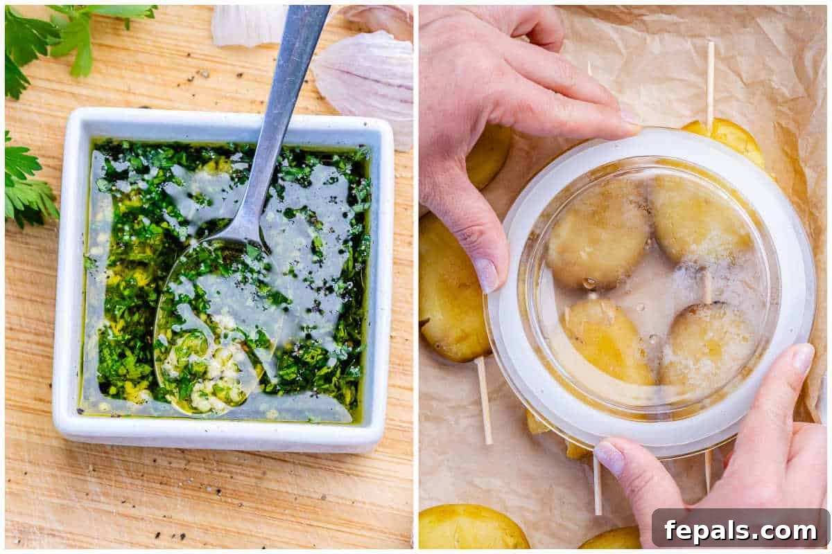process shot to make the garlic oil sauce, and then lightly smashing potatoes on parchment paper.