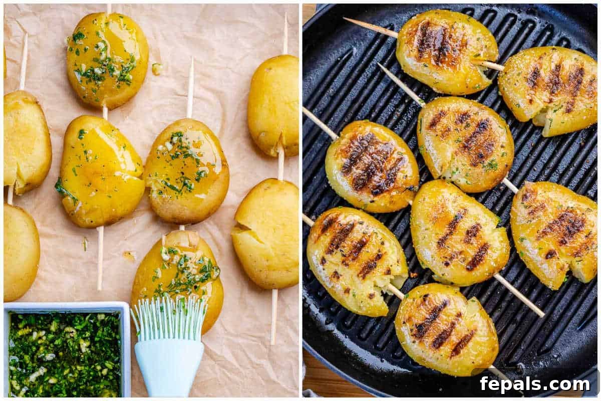 brushing garlic oil over potatoes and then grilling on a pan.