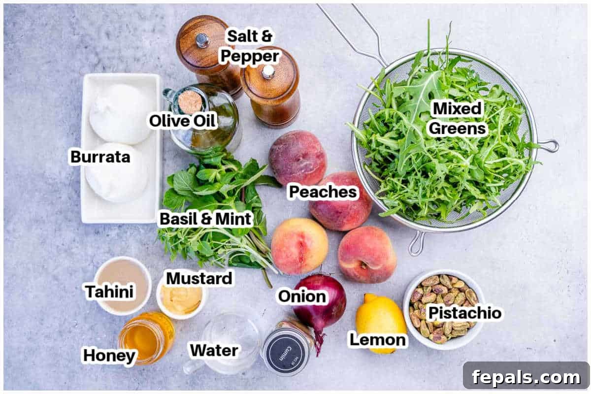 ingredients for peach burrata salad.
