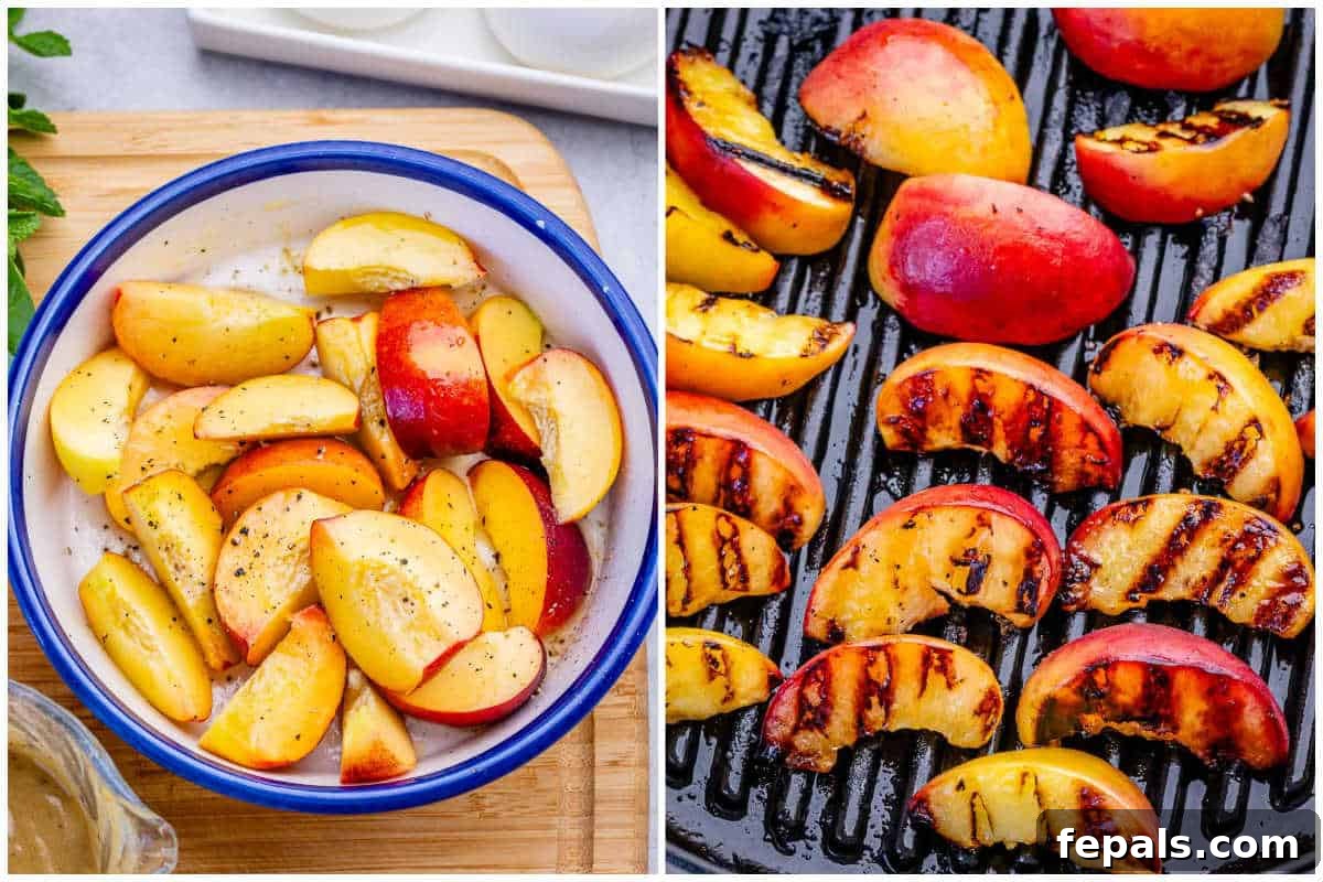 process shot to season peaches and grilling on a pan.