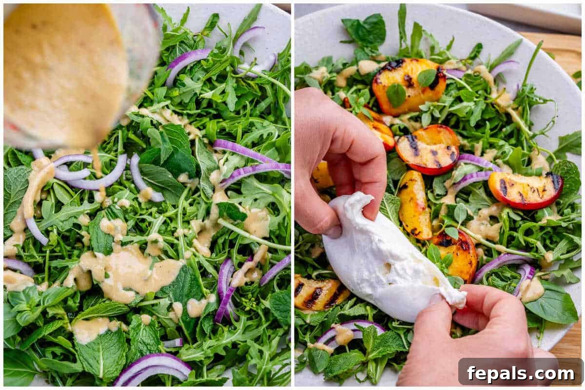 process shot to assemble the salad and adding burrata over to it.