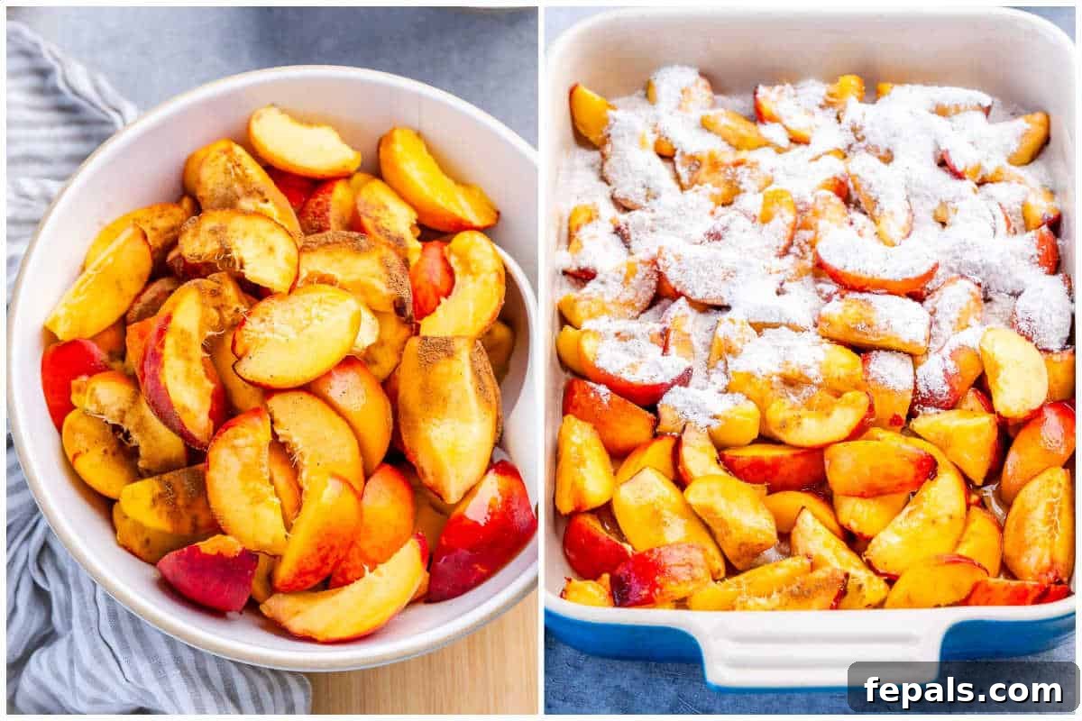 Fresh Peach Dump Cake Recipe with Ripe Peaches 4 process shot of prepare peach in a dish and topping with cake mix flour.
