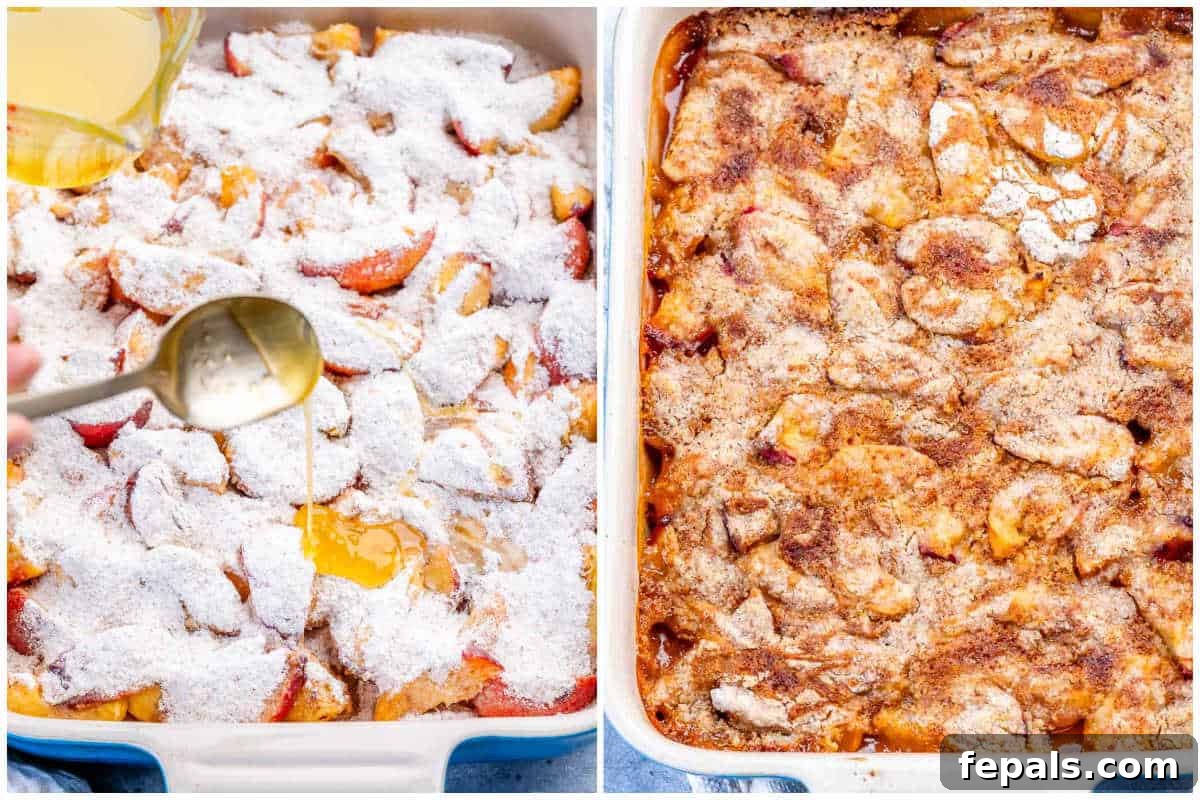 Fresh Peach Dump Cake Recipe with Ripe Peaches 5 process shot to add the honey butter over the fresh peaches in a dish.
