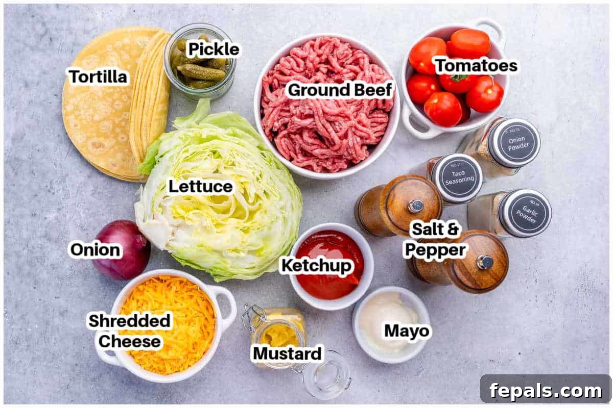 ingredients for smash burger tacos.