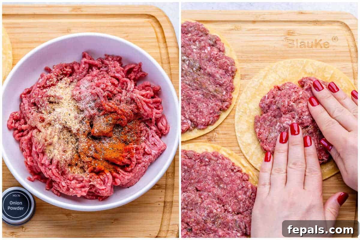 seasoning ground beef and adding it to tortilla.