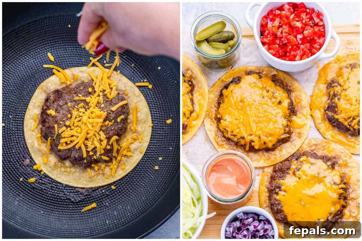cooking the smash burger taco on a pan and adding shredded cheese.