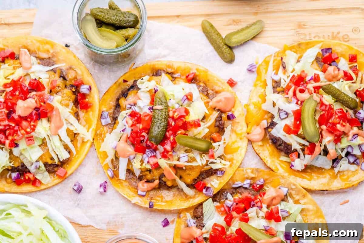 smash burger tacos on a cutting board.