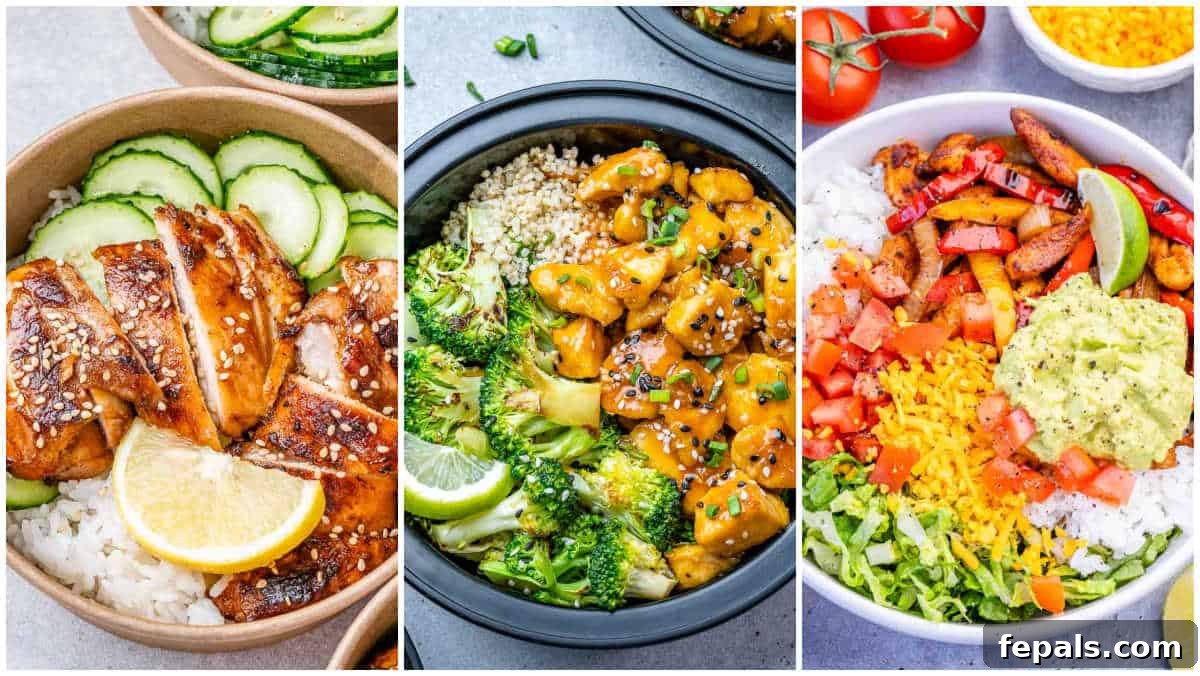 25 Chicken Meal Prep Recipes for Quick, Flavorful Weeknight Meals 2 collage of 3 images for chicken meal prep bowls.