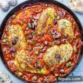 25 Chicken Meal Prep Recipes for Quick, Flavorful Weeknight Meals 23 top view chicken puttanesca in black skillet
