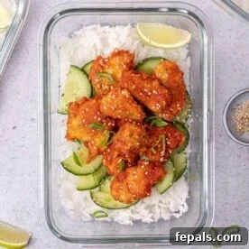 25 Chicken Meal Prep Recipes for Quick, Flavorful Weeknight Meals 8 top view honey chicken over white rice and cucumber salad in a glass meal prep bowl