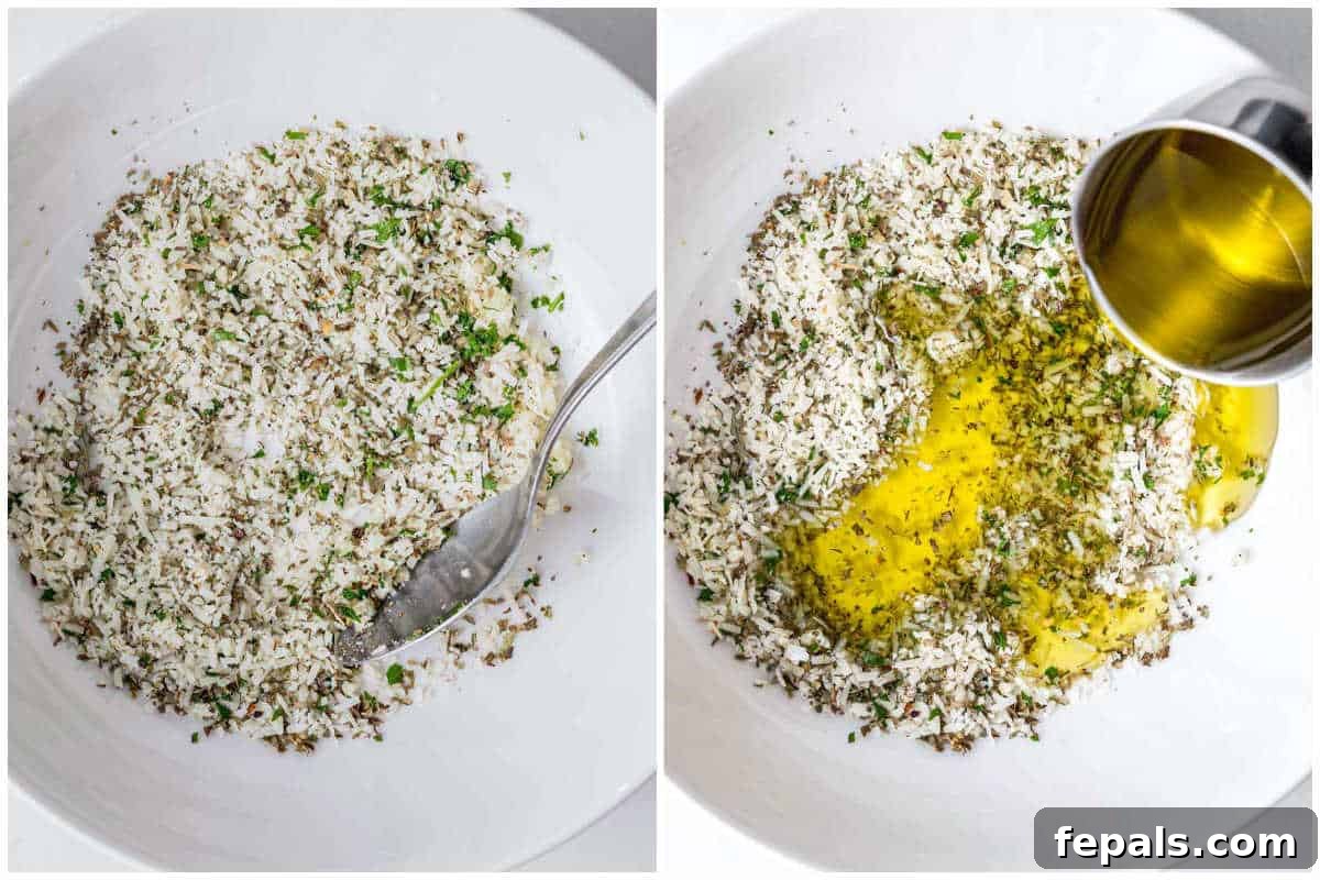 collage to add the ingredients for bread dip to a bow, and then adding oil over it.