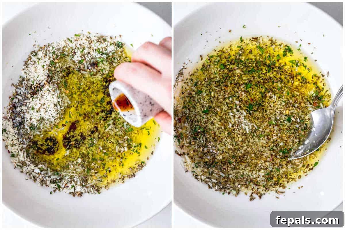 collage for mixing the ingredients for the olive oil bread dip in a bowl.