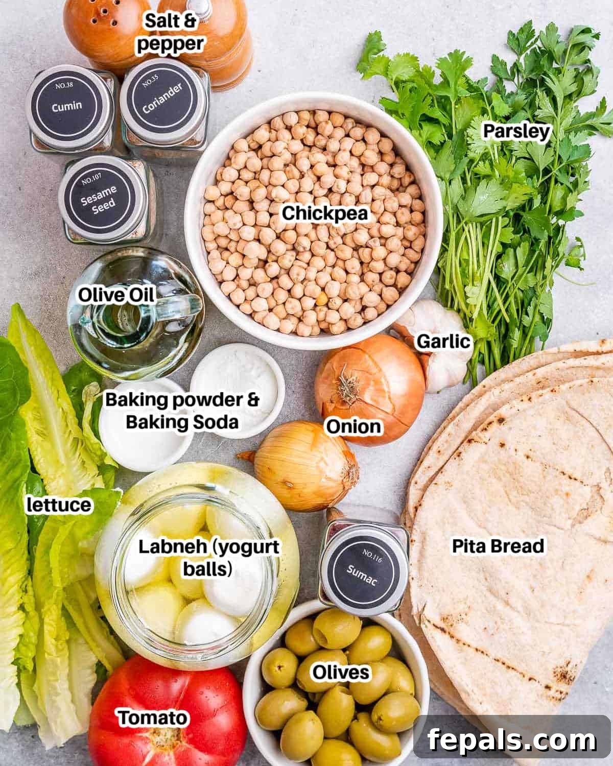 ingredients for smash falafel pita.