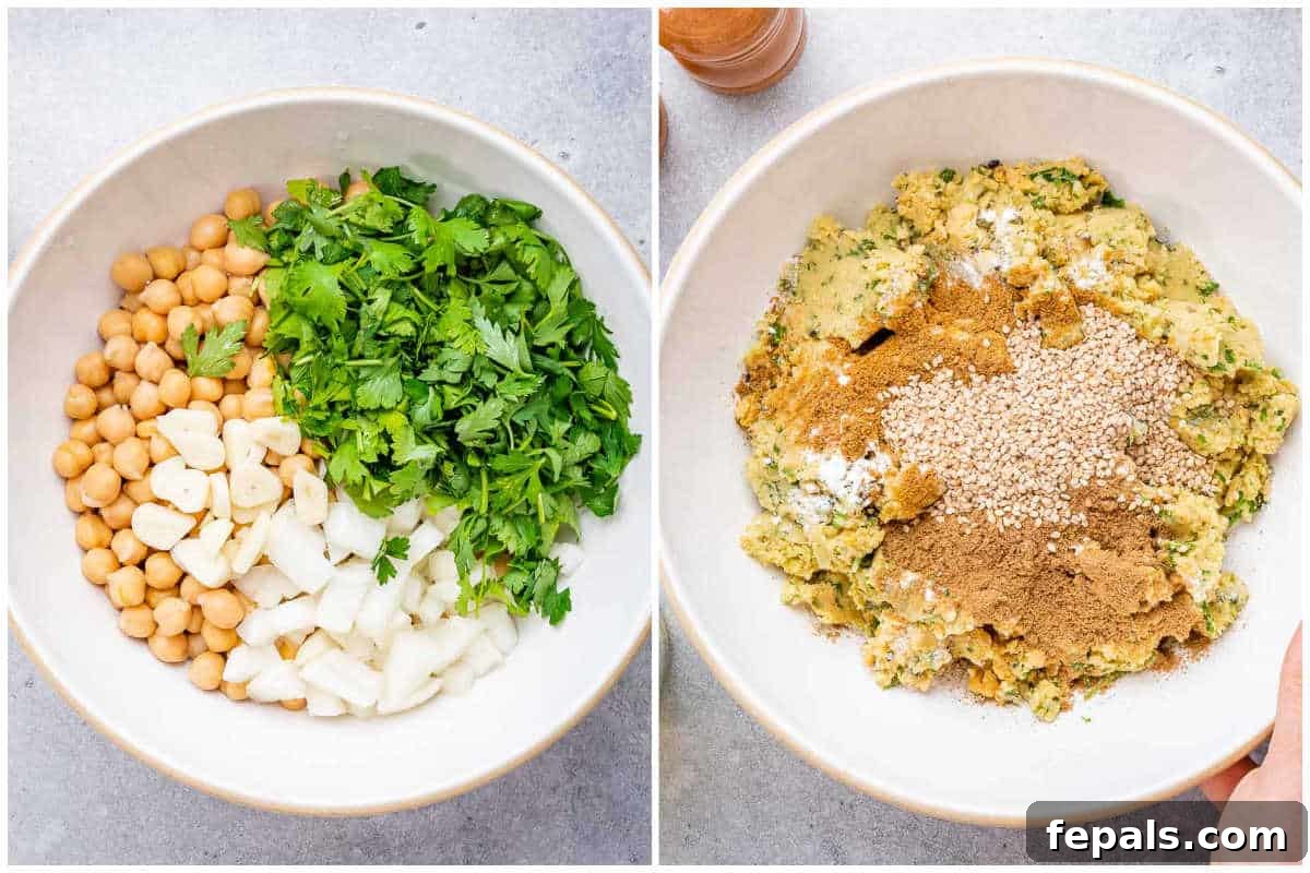 making the falafel mixture in a bowl.