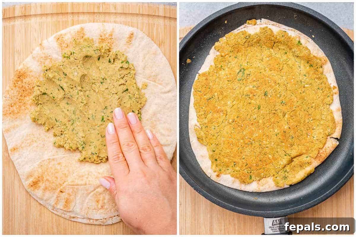 spreading falafel mixture over pita and cooking on a pan.