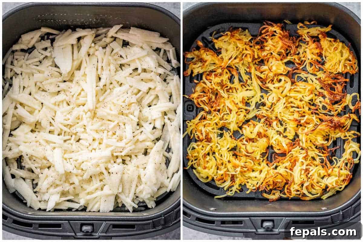 Crispy Air Fryer Frozen Hash Browns Recipe 4 process shot for making air fryer hash browns in the air fryer.