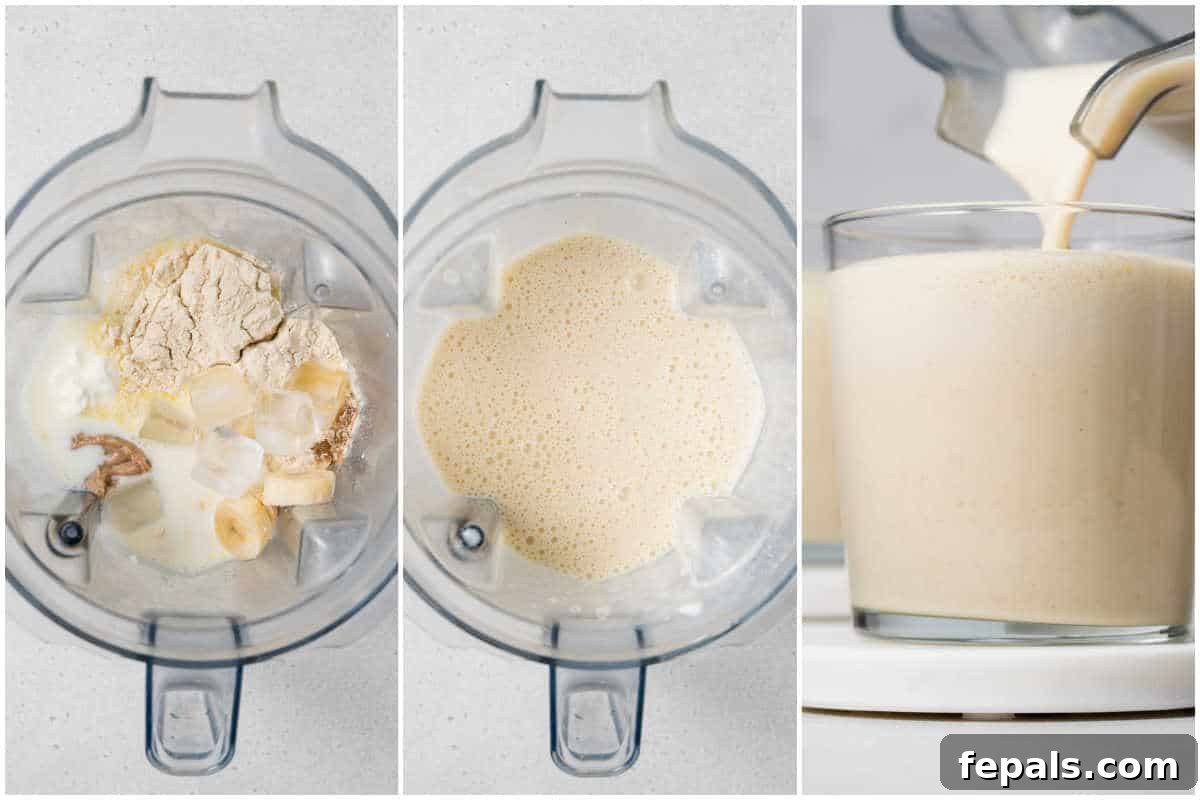 collage for blending banana protein shake in a blender and pouring in a glass.