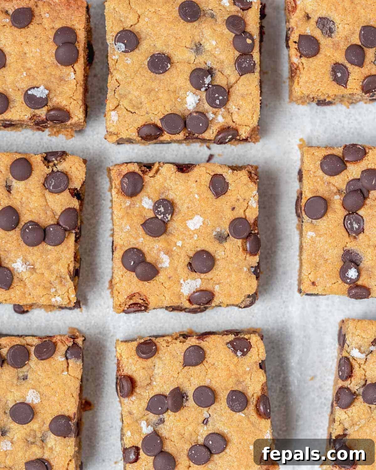 High-Protein Chocolate Chip Cookie Bars for Snackable Energy 2 chocolate chip square cookie bars laid out.