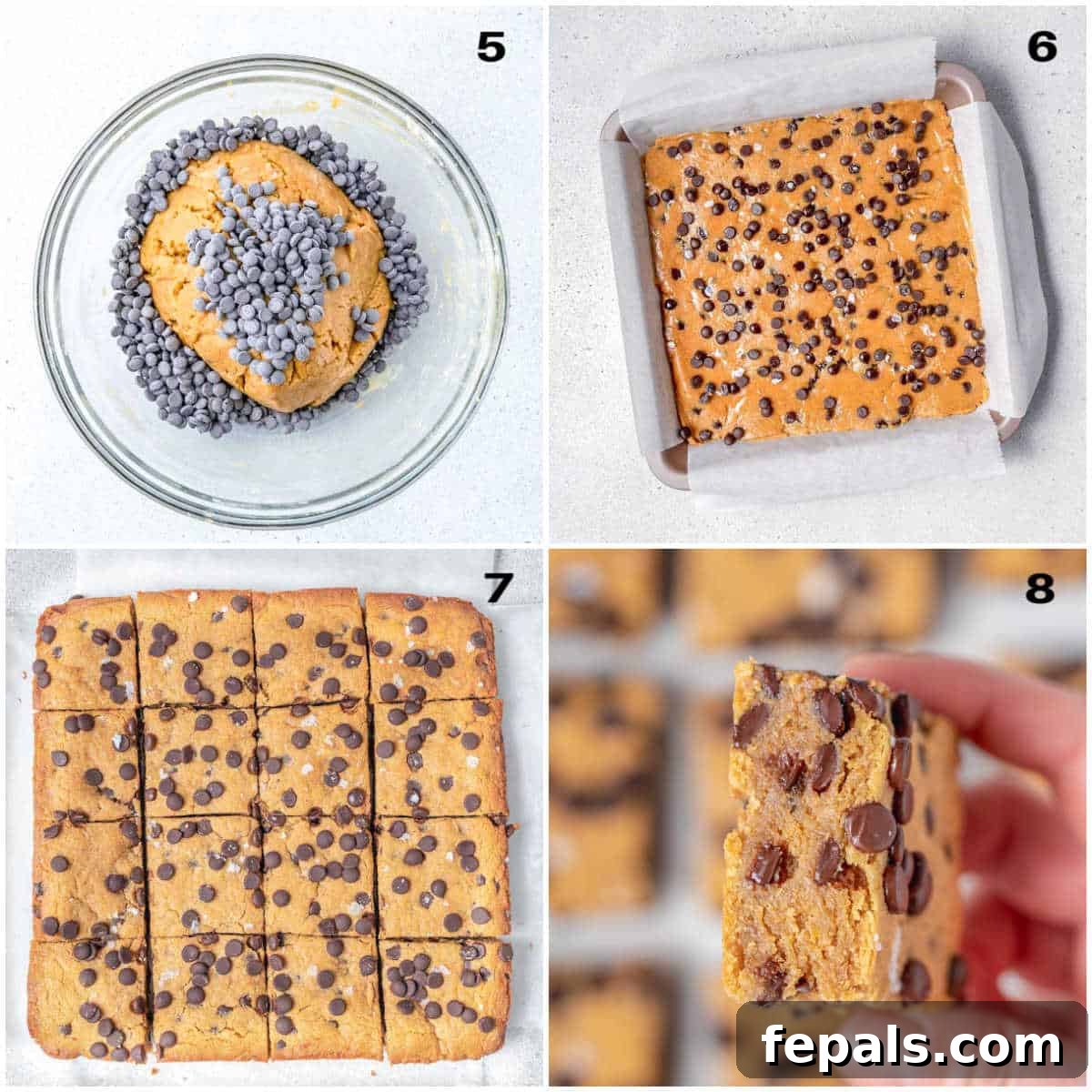 High-Protein Chocolate Chip Cookie Bars for Snackable Energy 5 process shot for adding chocolate chips to cookie dough, placing in a dish, and then baking.