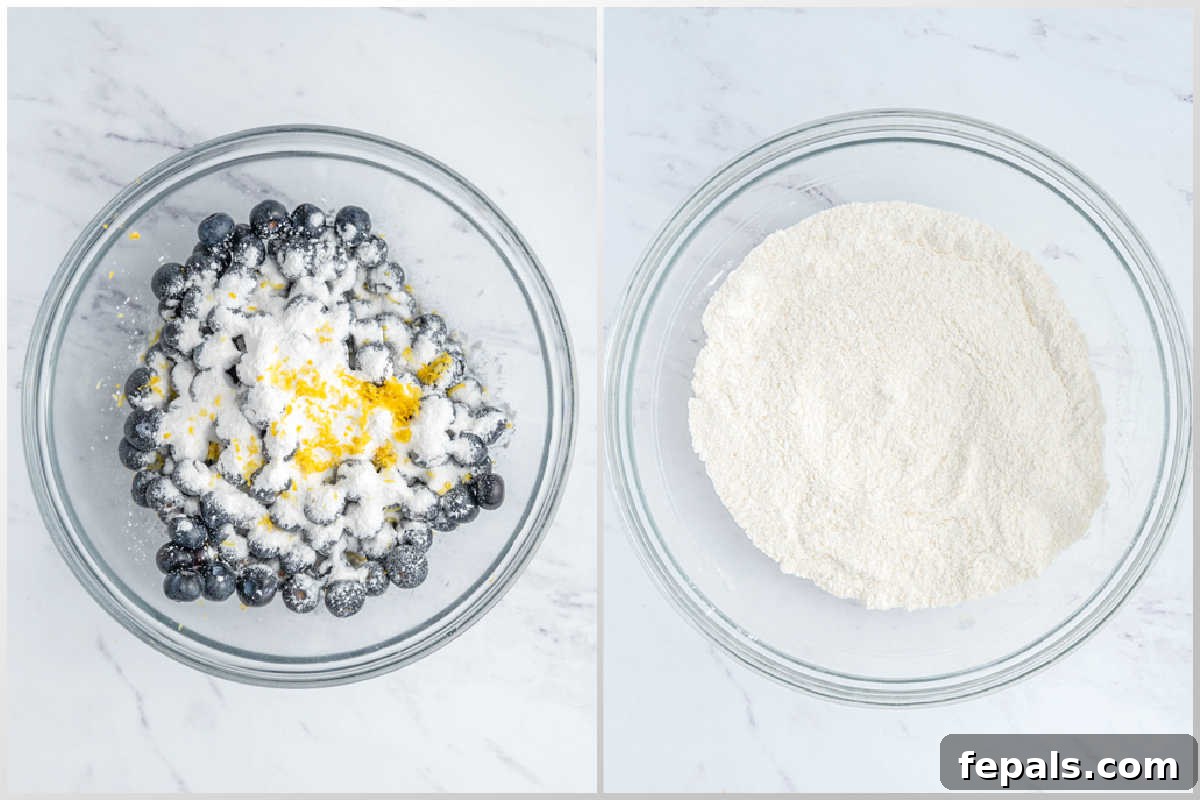 Classic Blueberry Cobbler Recipe 4 process shot to add flour to blueberries and mix the flour base for the batter.