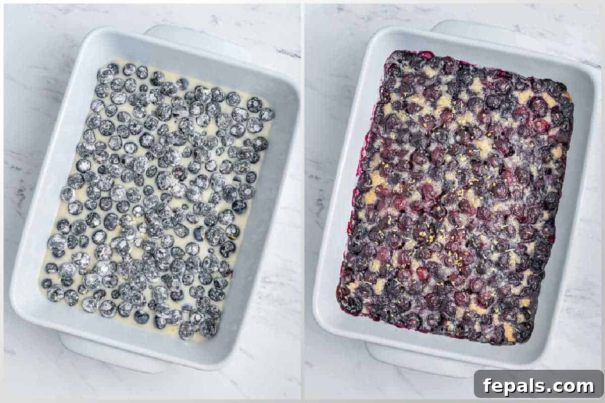 Classic Blueberry Cobbler Recipe 6 process shot to add the blueberries and batter to a bowl and baking.