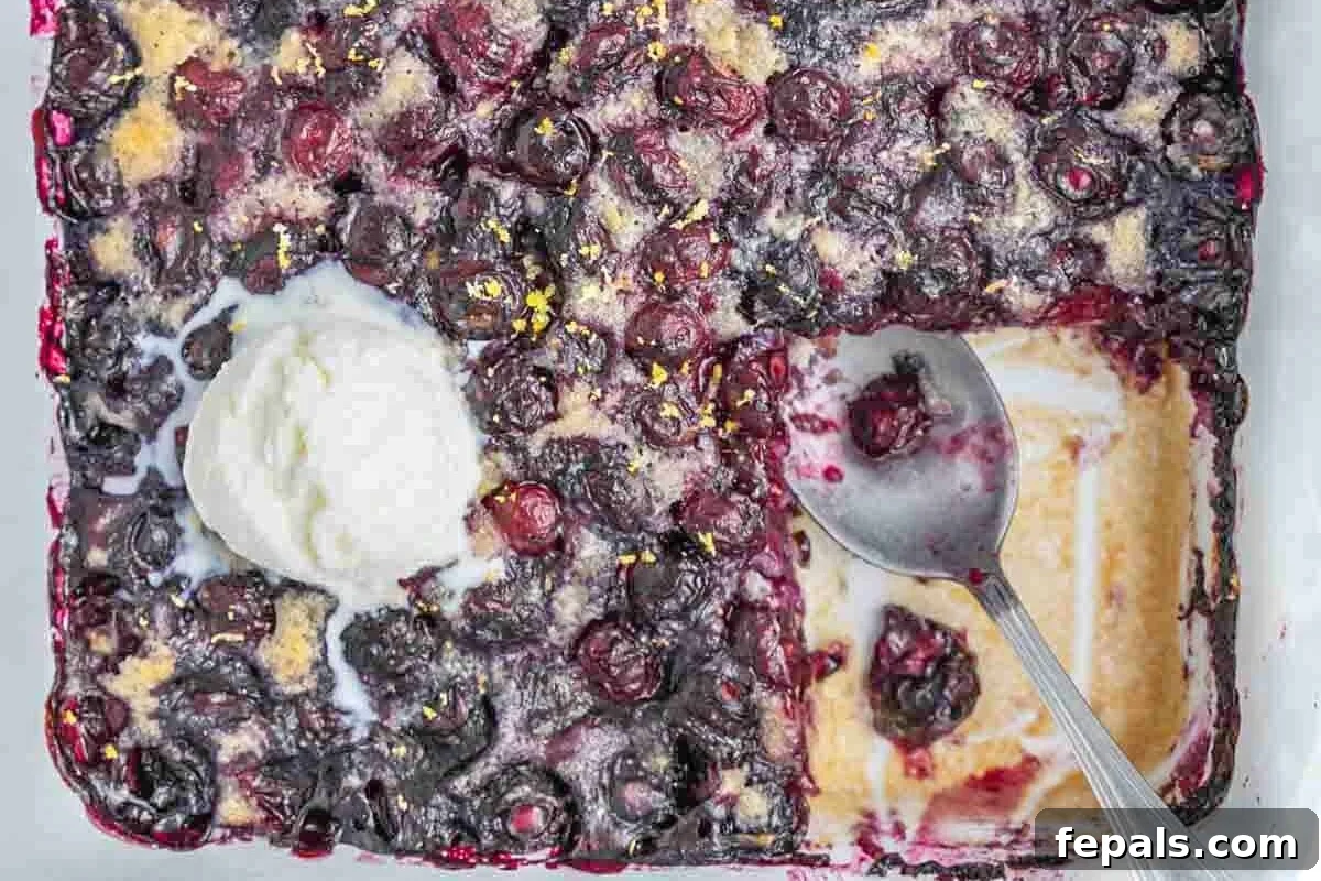 Classic Blueberry Cobbler Recipe 7 a dish with a portion of blueberry cobbler sliced off topped with ice cream portions.
