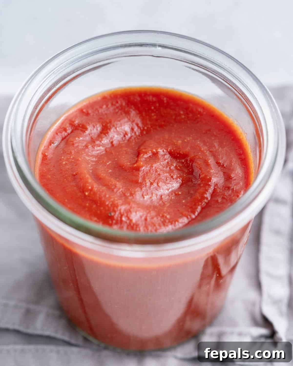Authentic Homemade Taco Sauce Recipe 2 A jar of taco sauce on a grey napkin.