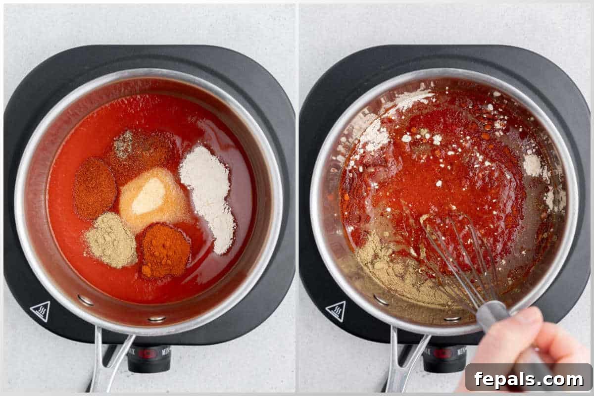 Authentic Homemade Taco Sauce Recipe 4 process shot to add all taco sauce ingredients in pan and mixing it.