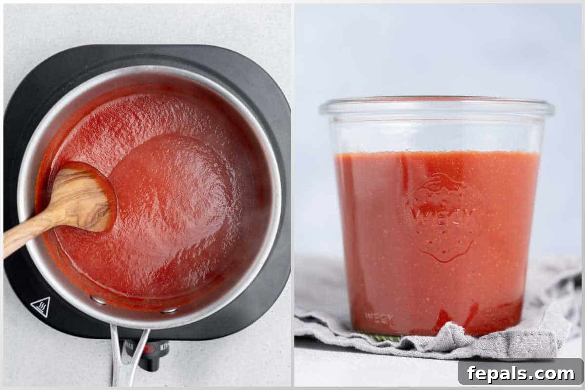 Authentic Homemade Taco Sauce Recipe 5 process shot to cooking the taco sauce in pan and then storing in jar.