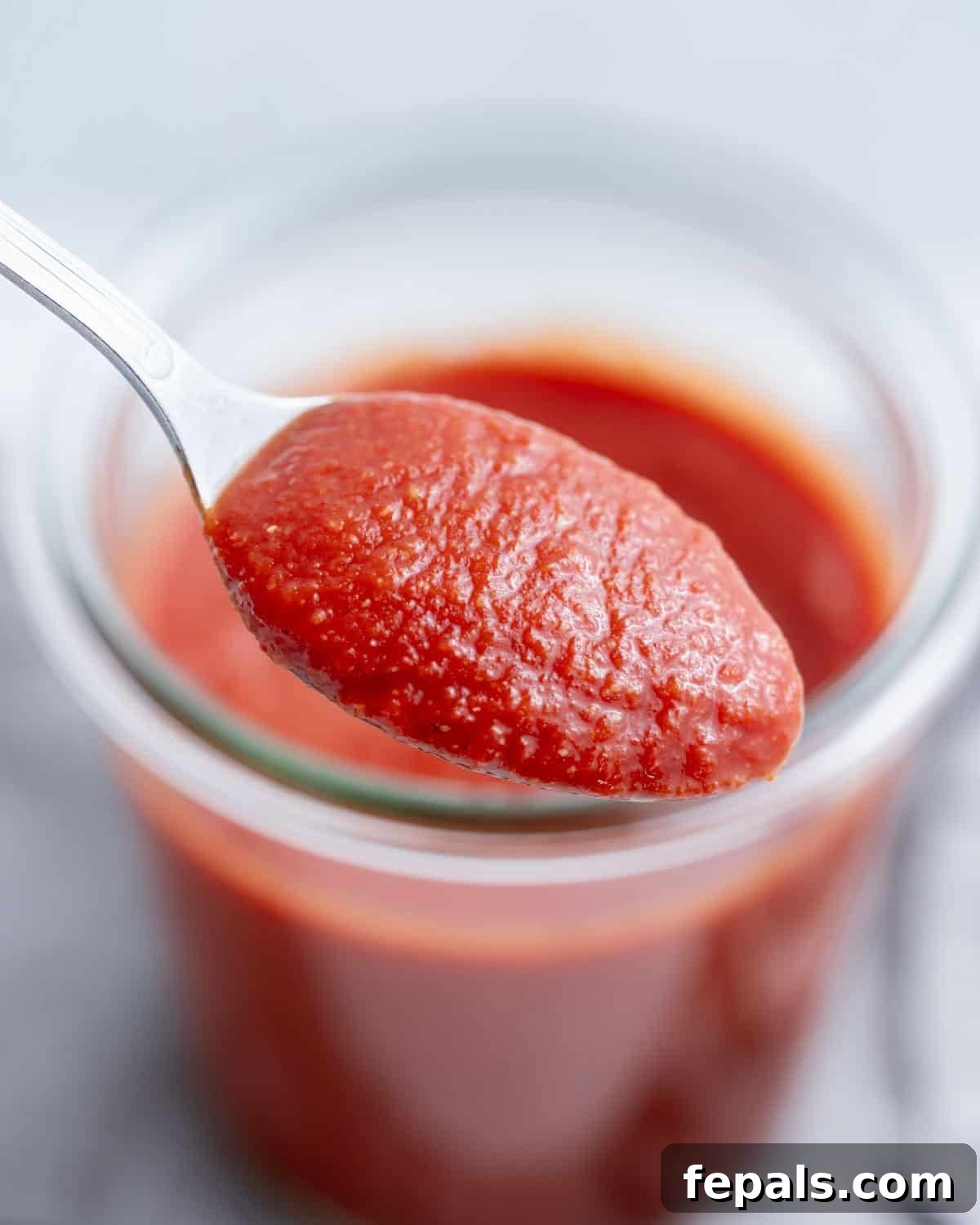 Authentic Homemade Taco Sauce Recipe 7 A spoonful of taco sauce above a jar.