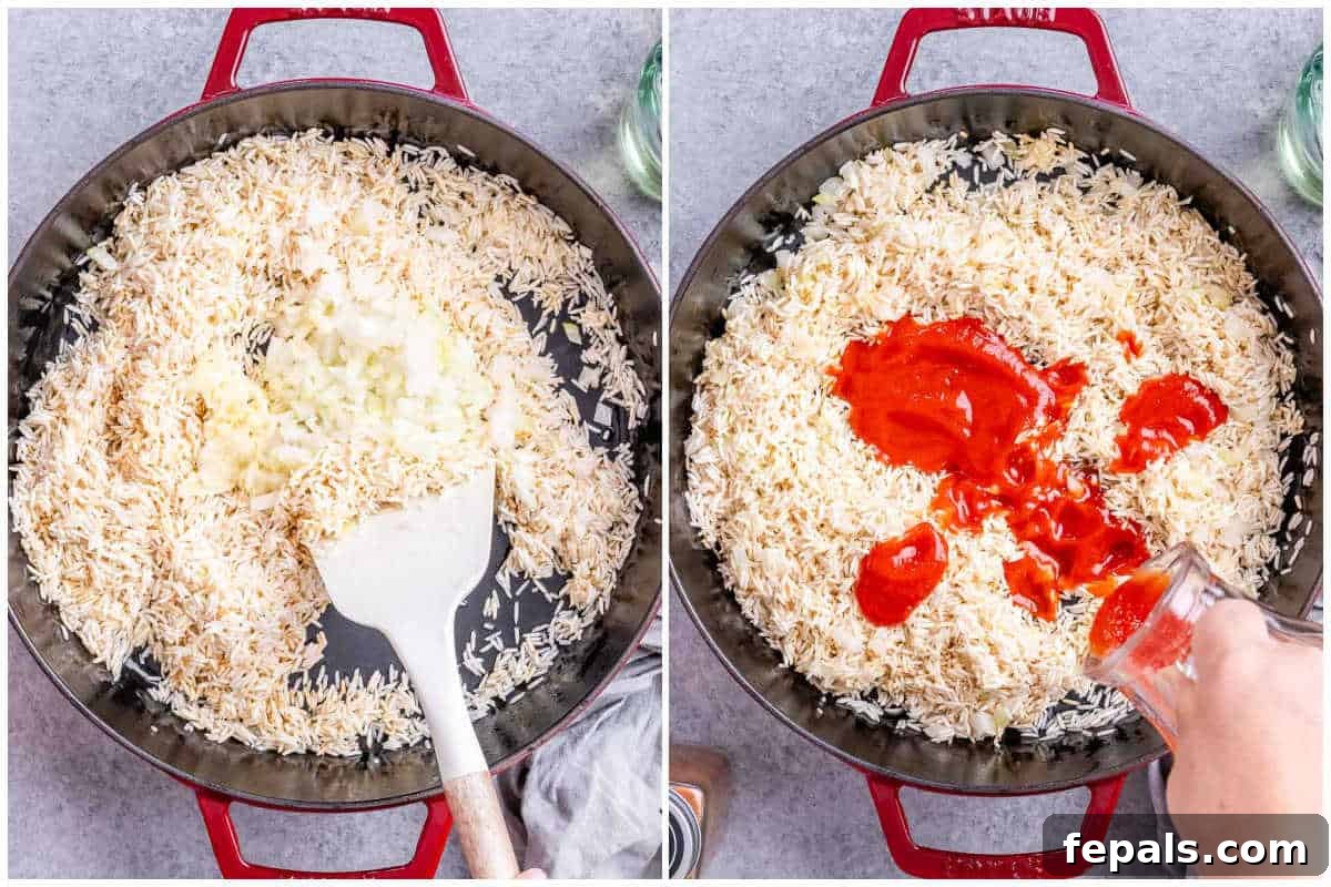 collage for toasting rice on a skillet and adding tomato puree.