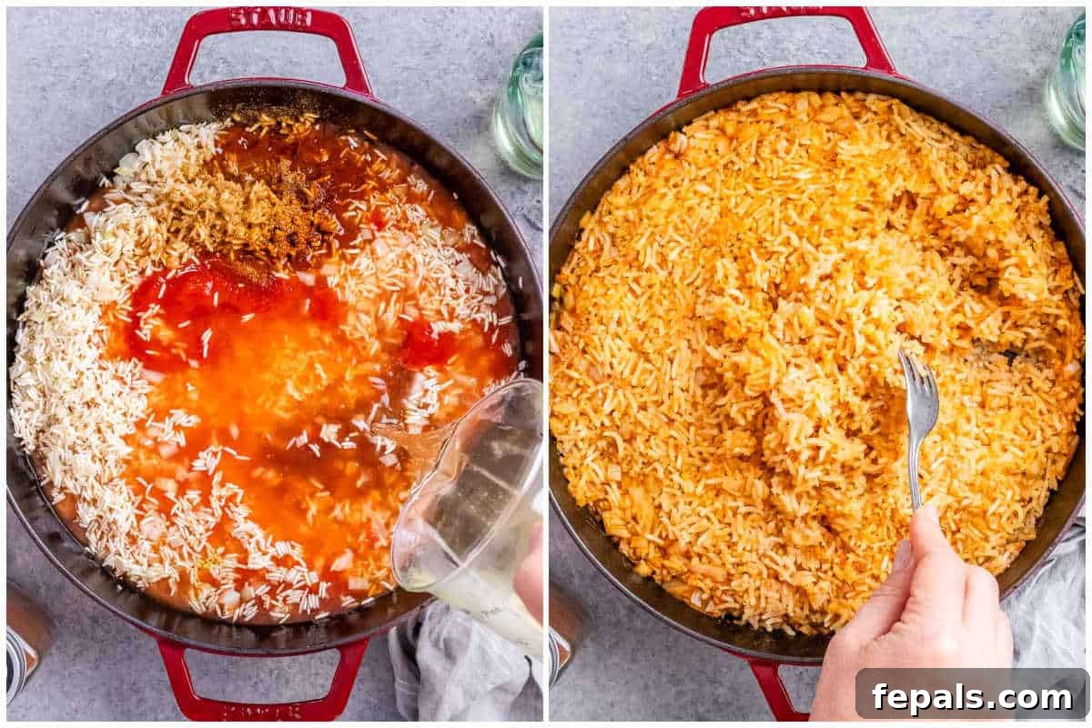 collage for cooking rice with broth and then fluffing with fork.