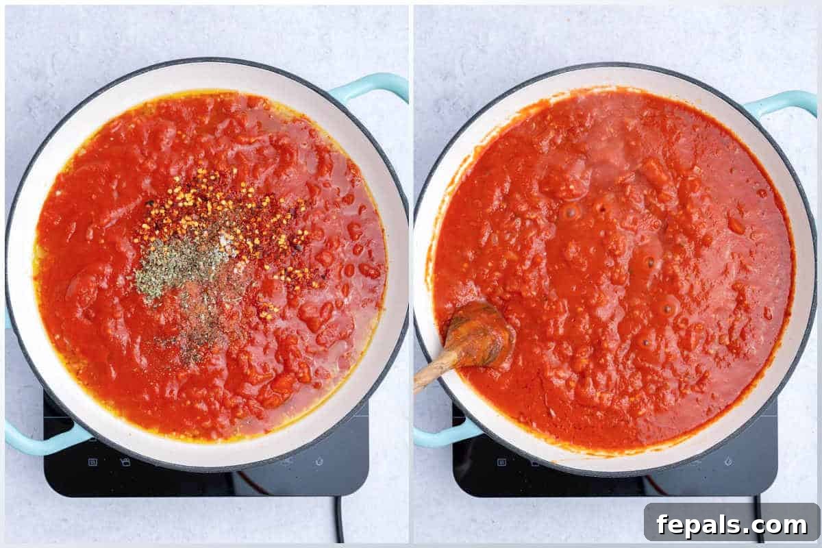 process shot to cook the tomato sauce in the pan with seasonings.
