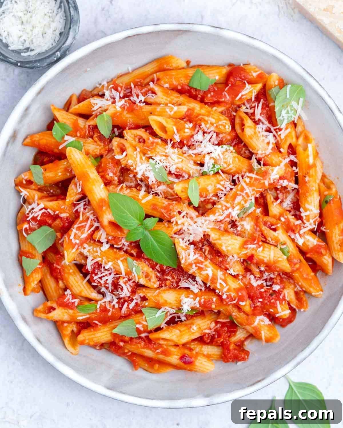 arrabbiata sauce served with pasta in a dish topped with fresh basil.