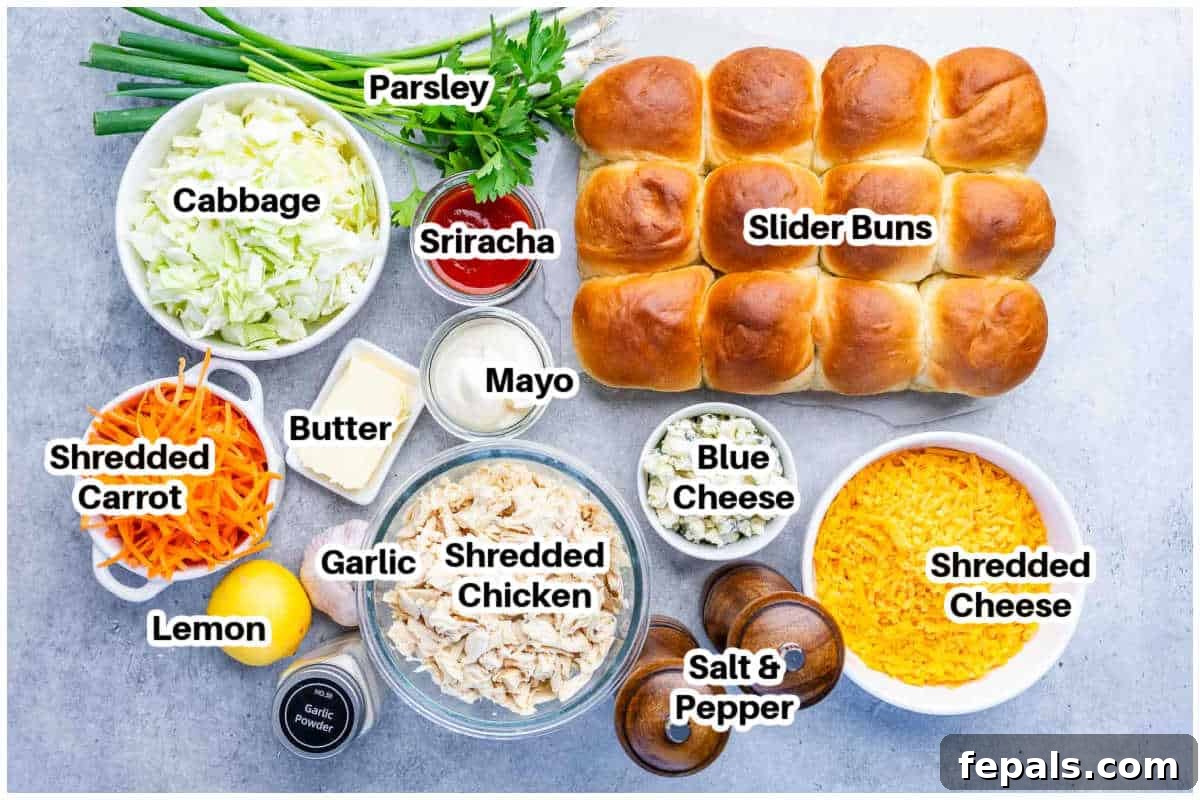 Ingredients for buffalo chicken sliders.