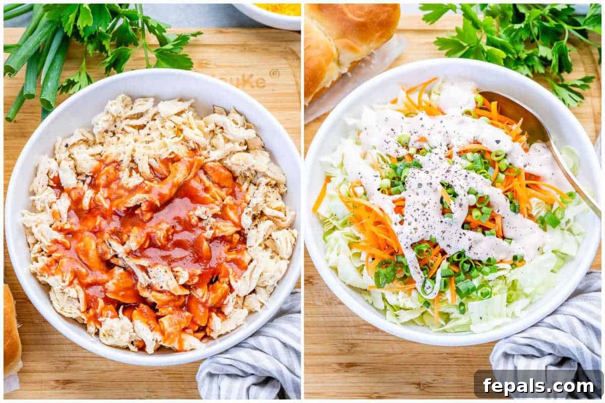 process shot mix the chicken with buffalo sauce and mixing the slaw.