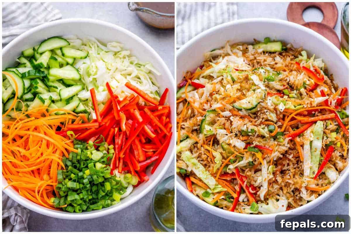 assembling the veggies and salad in a bowl.
