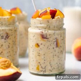 Side shot of overnight oats in a jar topped with chopped peaches.