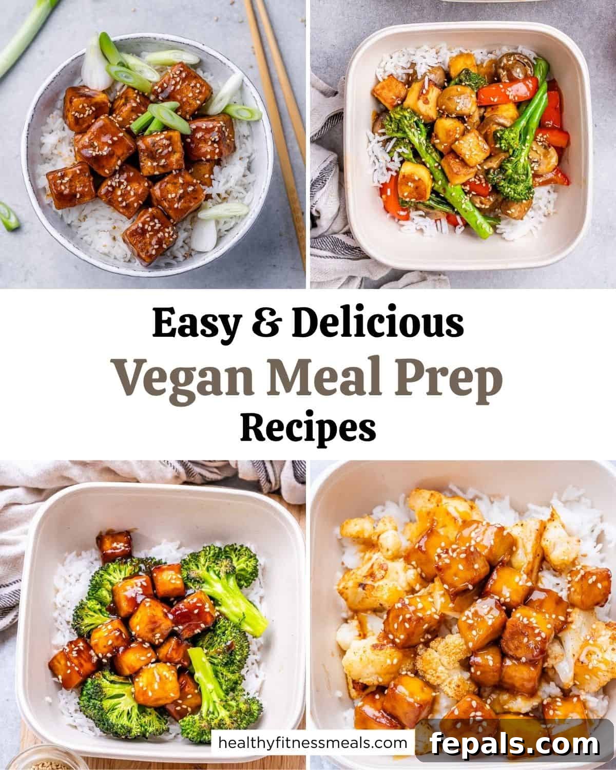 collage of 4 meal prep vegan recipes made of tofu and served over rice.