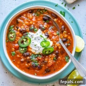 top view vegan chili in a bowl with spoon in it