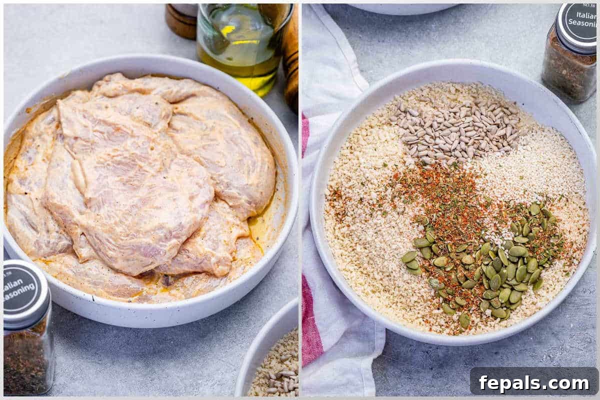 process shot to marinate the chicken breasts in a bowl and in the other bowl, mix the seeded bread coating.