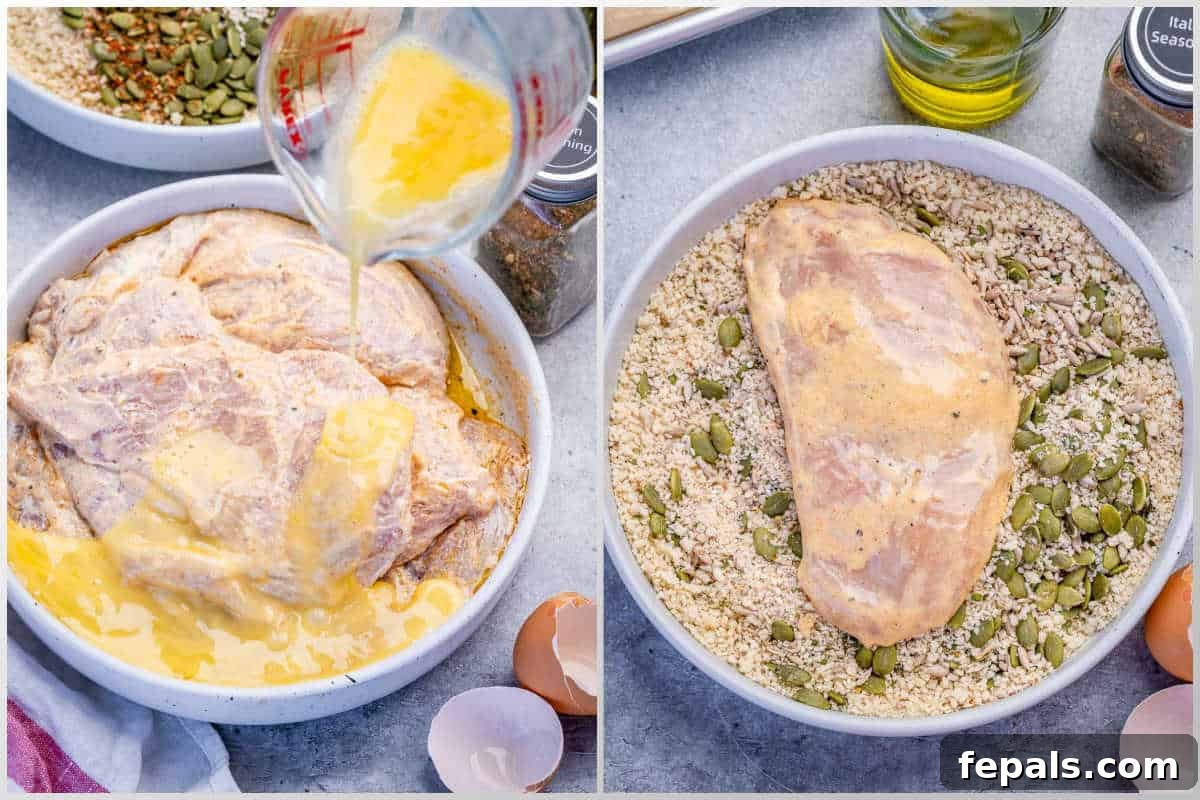 adding the beaten eggs into the marinated chicken bowl, then breading the chicken in the breading bowl.