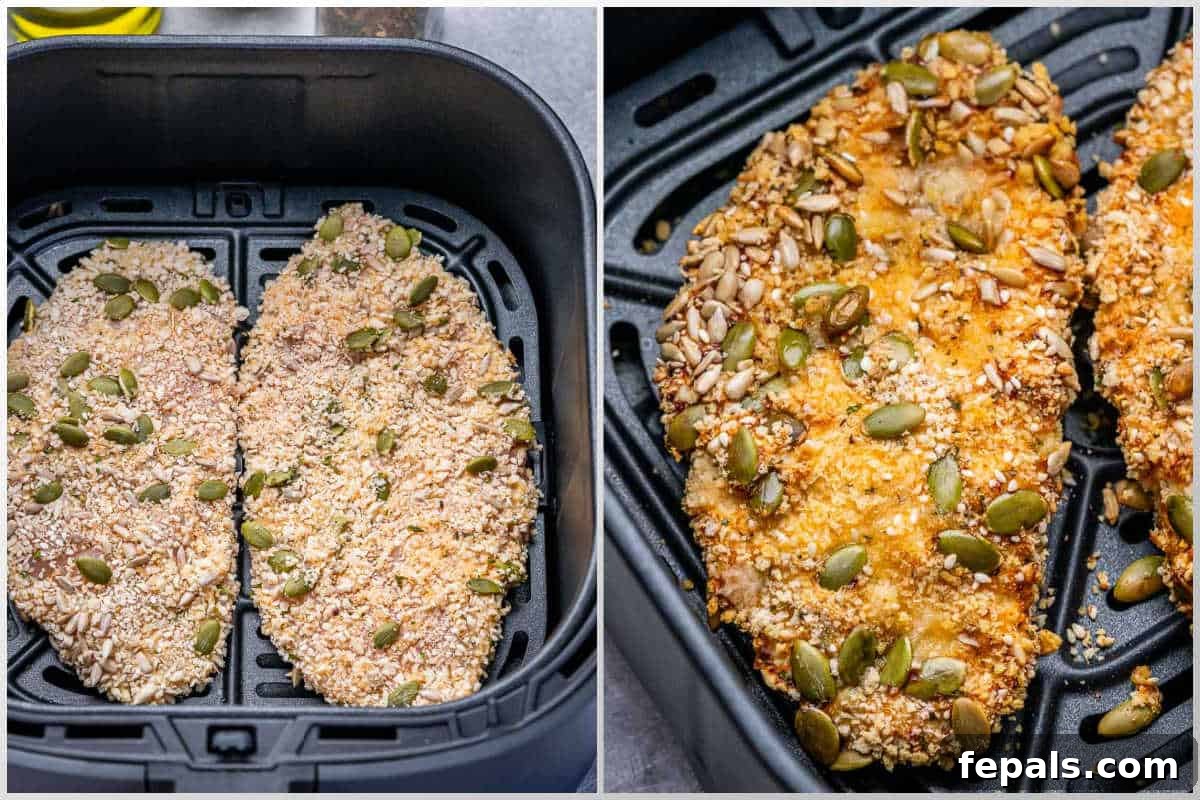 process shot to add the breaded chicken into the air fryer basket and air frying it.