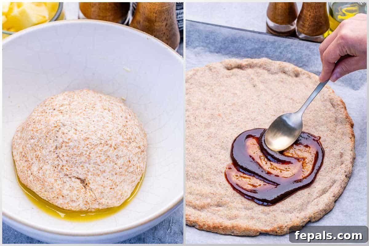 process shot to make the dough for pizza and adding bbq sauce over it.