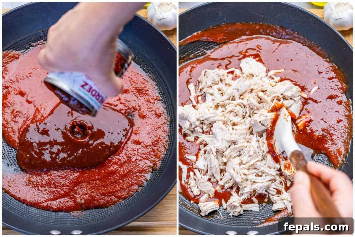 process shot to make the chipotle sauce and then adding shredded chicken to the sauce.