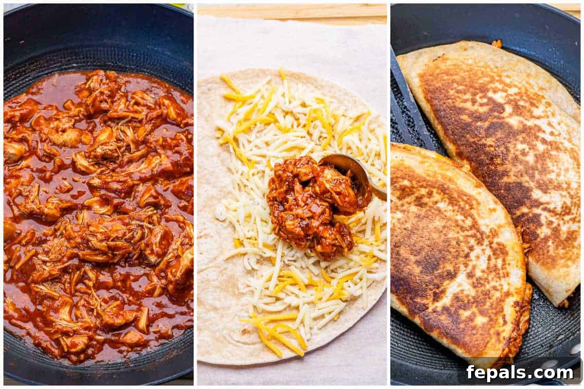 process shot to make the Chipotle chicken and assemble the quesadilla