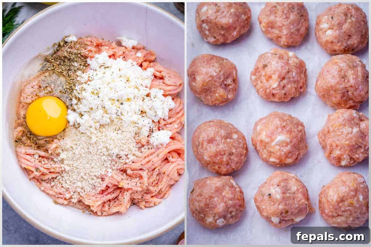 process shot to mix the ingredients for the meatballs and forming the meatballs to place on a sheet pan.