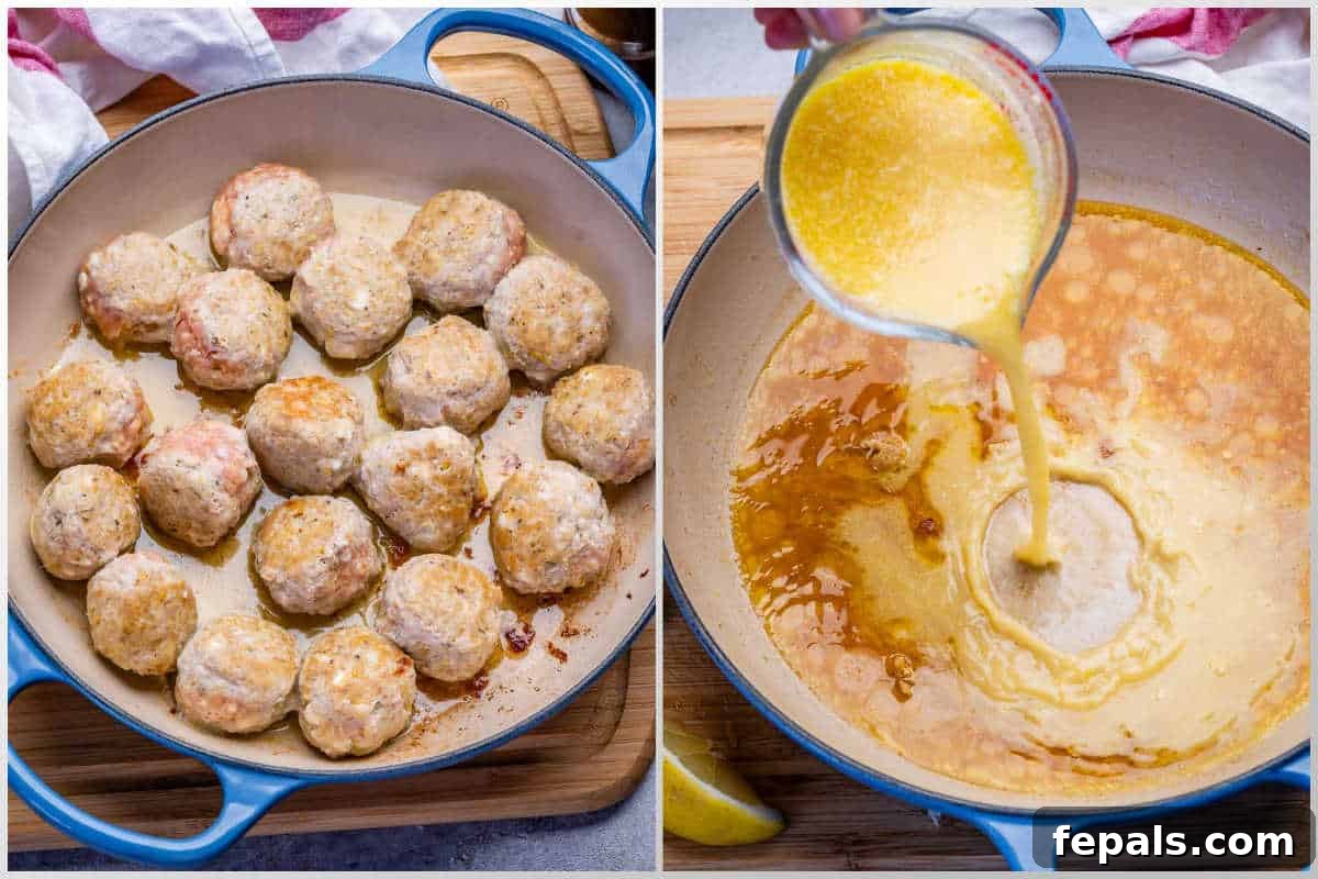 process shot to cook the chicken meatballs in a pan and making the lemon sauce.